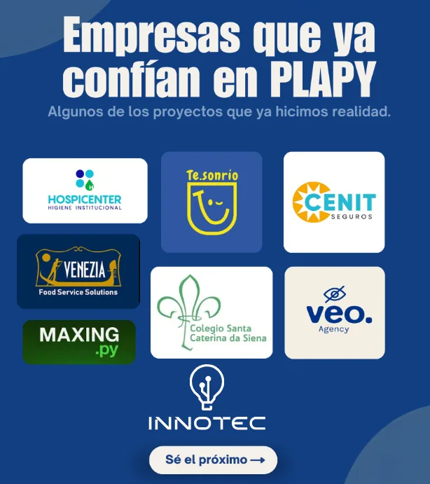 Ocho empresas que ya confían en PLAPY: Hospicenter, Te.sonrío, CENIT Seguros, Venezia, Maxing.py, Colegio Santa Caterina da Siena, veo. Agency e INNOTEC.
